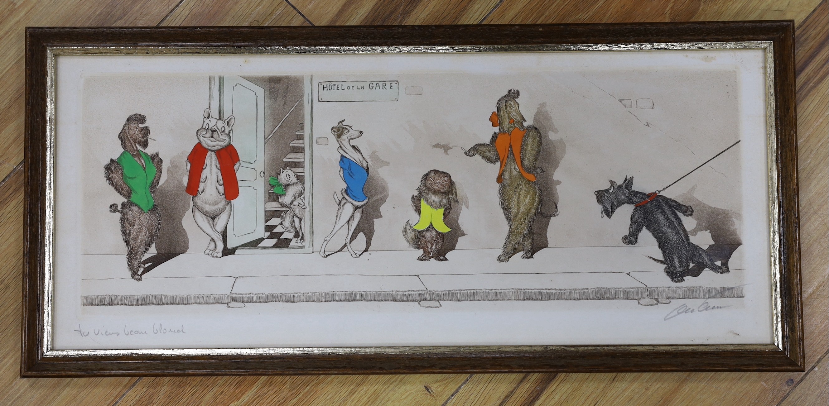 Boris O'Klein (French, 1893-1985), coloured etching, 'Tu Viens Beaux Blond', signed in pencil, 20 x 47cm